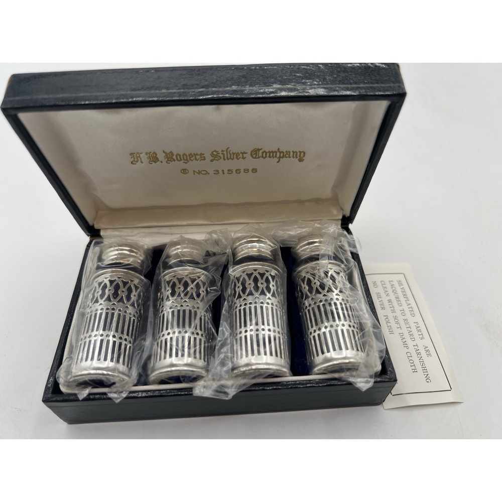 Vintage A.B. Rogers Silver Co. Silverplate, Blue Glass Shakers in original box